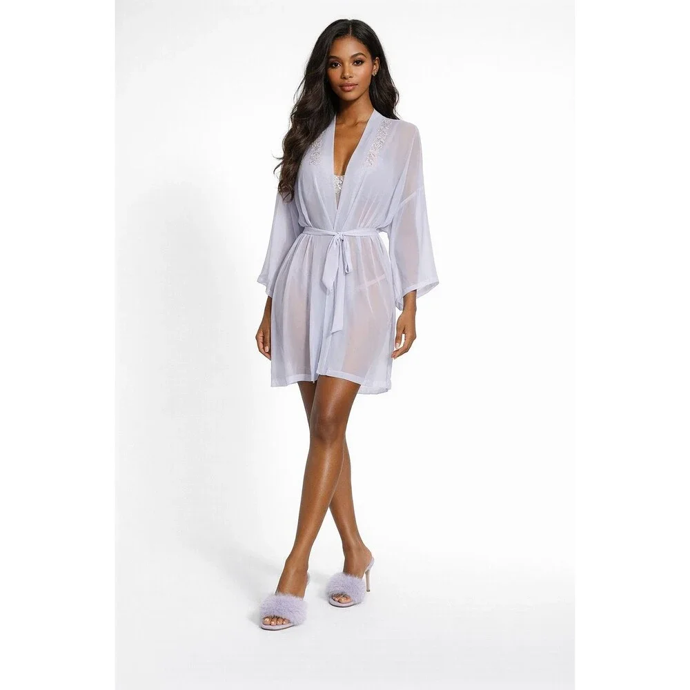 Expressions 2-Piece Lavender Cami Robe Sheer Sequin Collar Nighty Size Medium